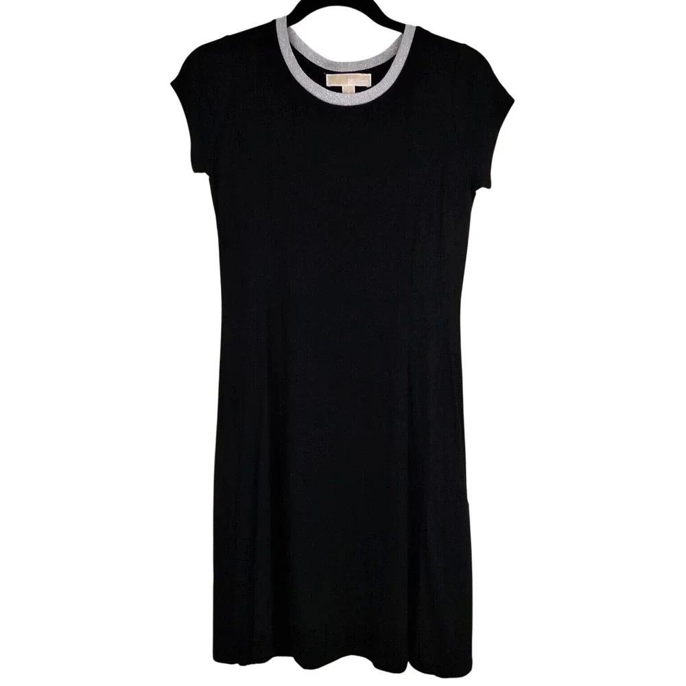 Michael Kors Jersey Knit Dress Womens S Black Silver‎ Metallic Neck Casual LBD